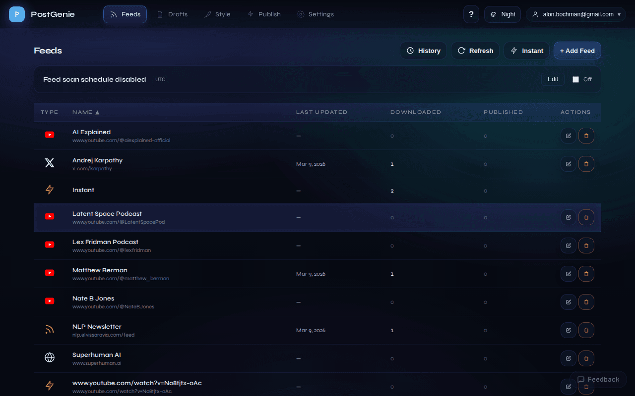 Feeds page showing content feeds
