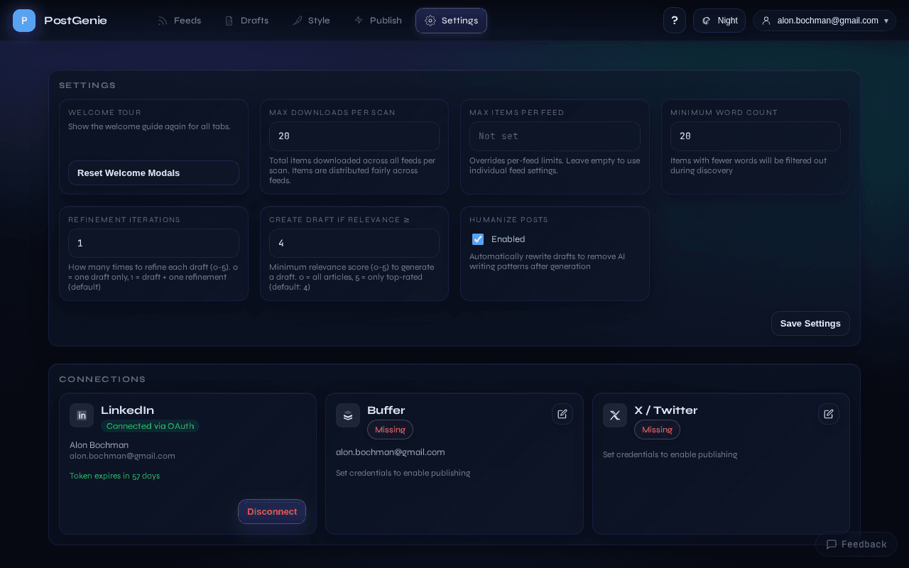Settings page with pipeline controls and connections